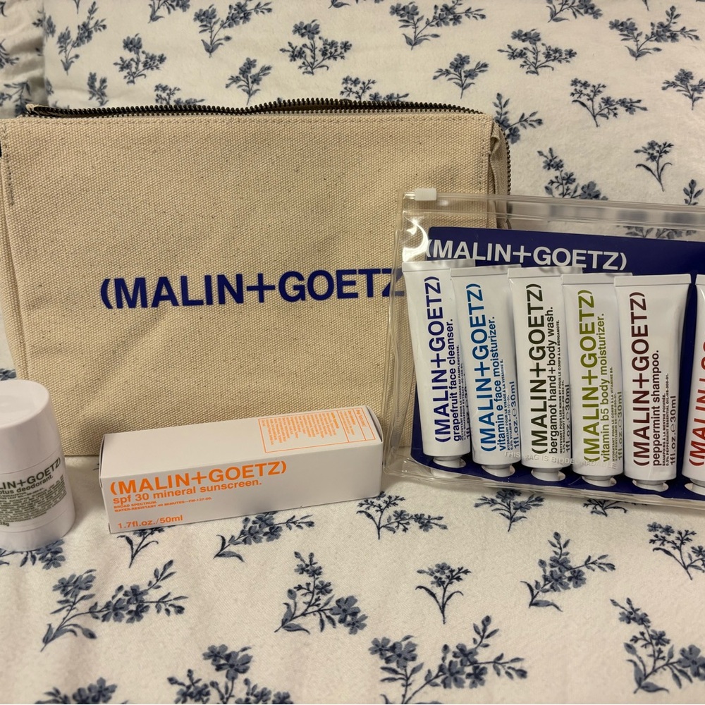 Malin + Goetz toiletries with bag